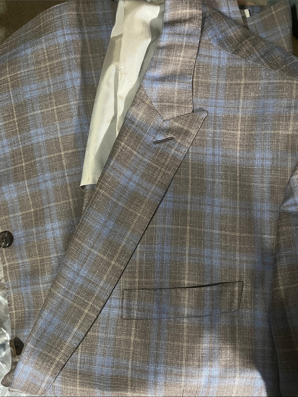 Tailored Brown Plaid Sport Coat with Light Blue Windowpane